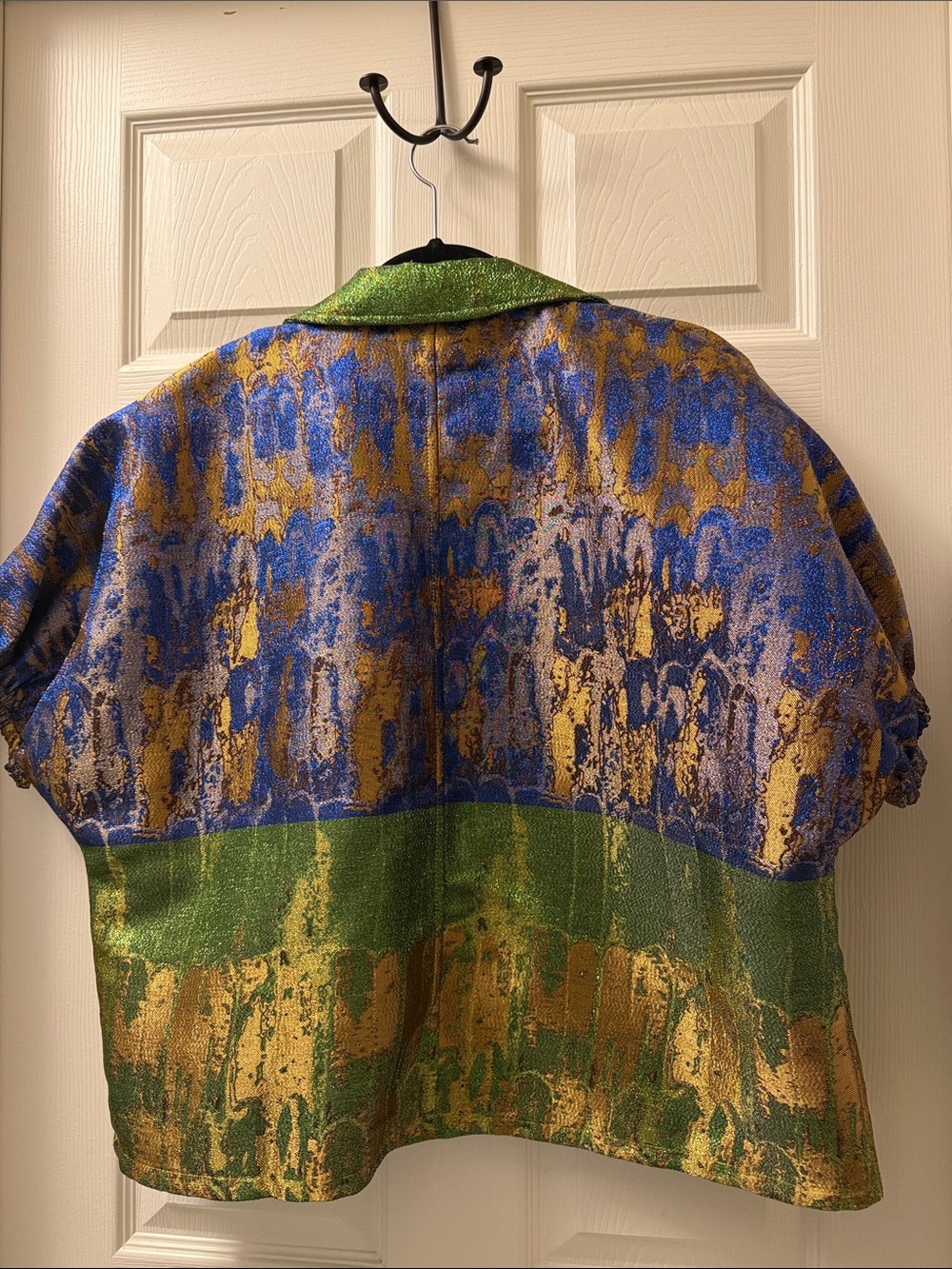 THML Blue, Green & Gold Metallic Short-Sleeve Jacquard Blouse - Picture 5 of 8